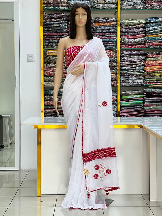 Pure White Georgette Saree with Pink Patch Work & Khatli work and contras border blouse