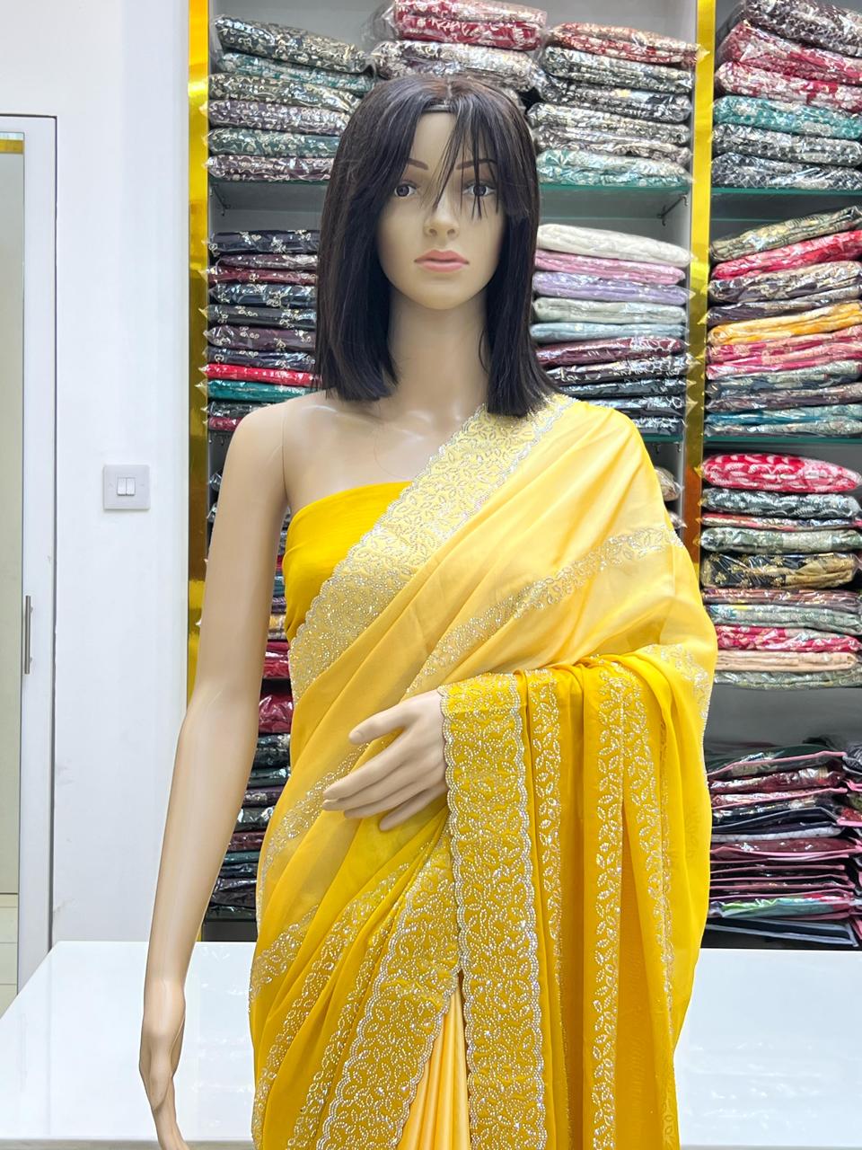 Sunshine Yellow Rangoli Silk Saree with Silver Swarovski Border