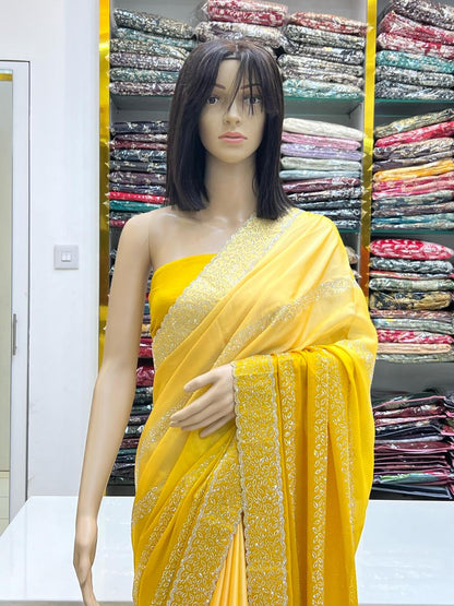 Sunshine Yellow Rangoli Silk Saree with Silver Swarovski Border