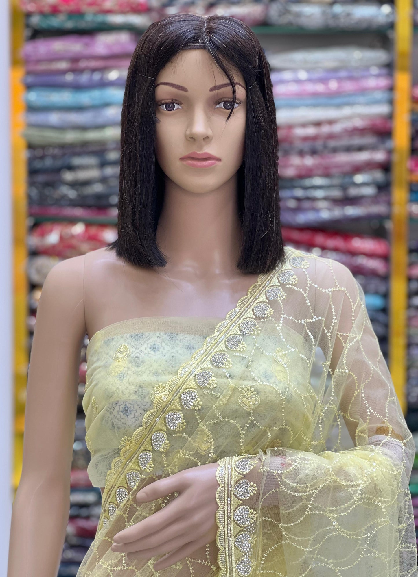 Pastel Yellow Net Saree with Elegant Embroidery Border