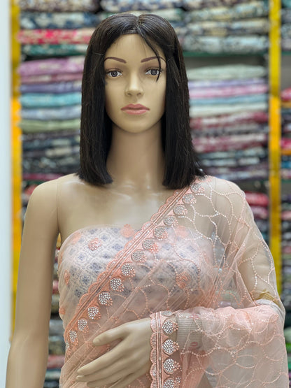 Peach Net Saree with Elegant Thread Embroidery & Designer Border
