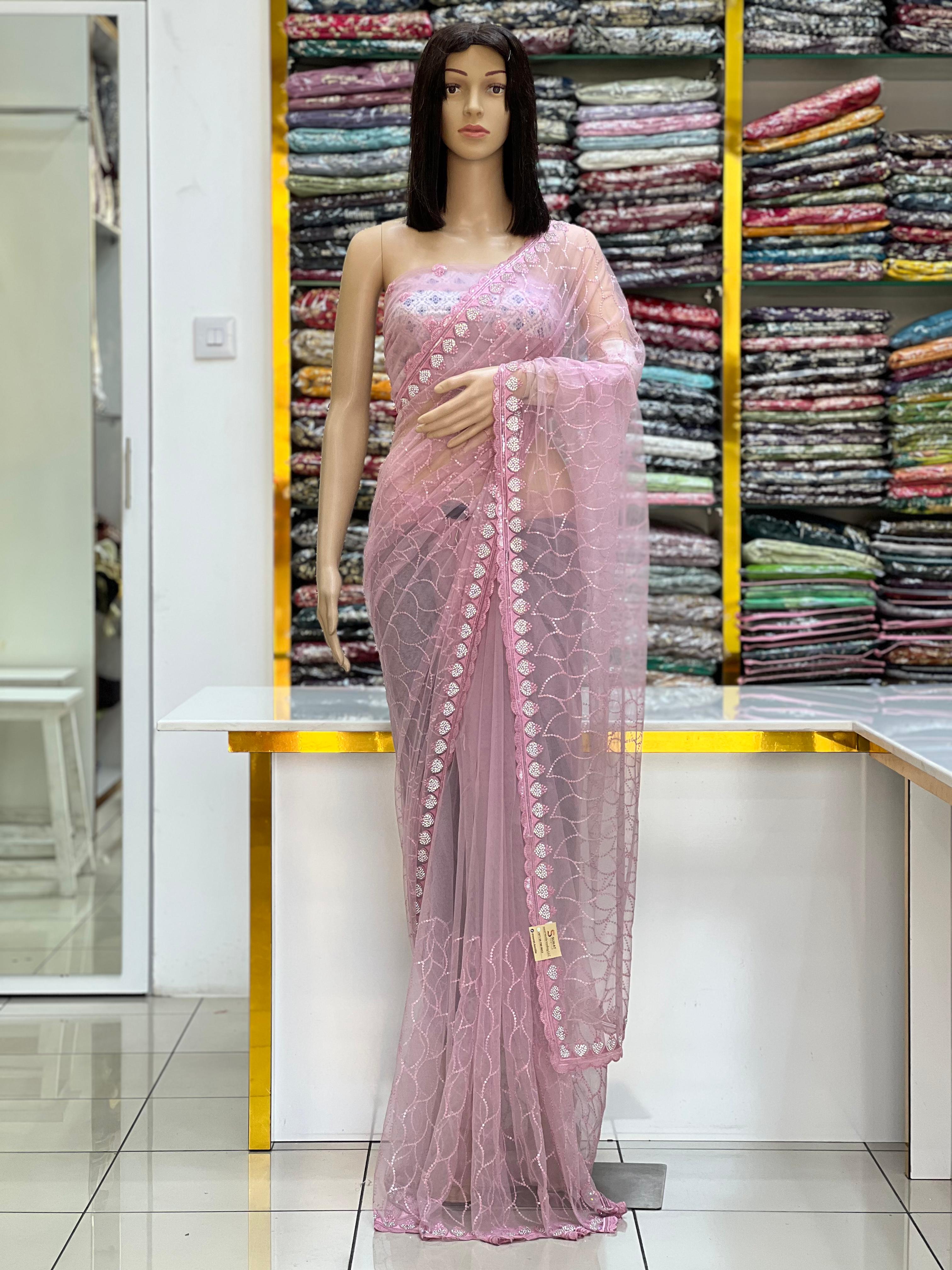 Elegant Blush Pink Net Saree with Sequins & Embroidered Border