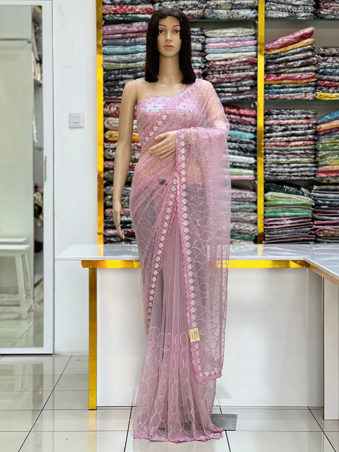 Elegant Blush Pink Net Saree with Sequins & Embroidered Border