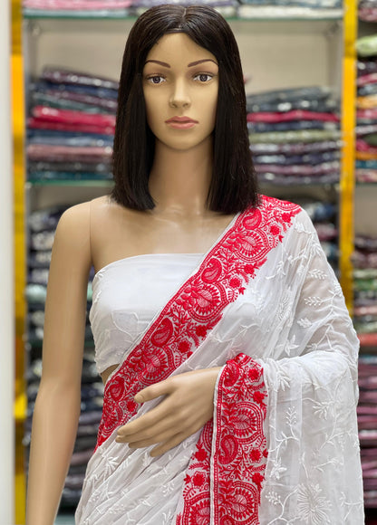 White Georgette Saree with Red Embroidered Border – Elegant & Timeless Design
