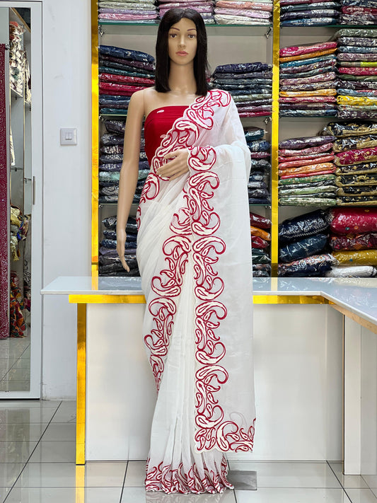 Elegant White and Red Color Thread work Combination Cutwork Saree