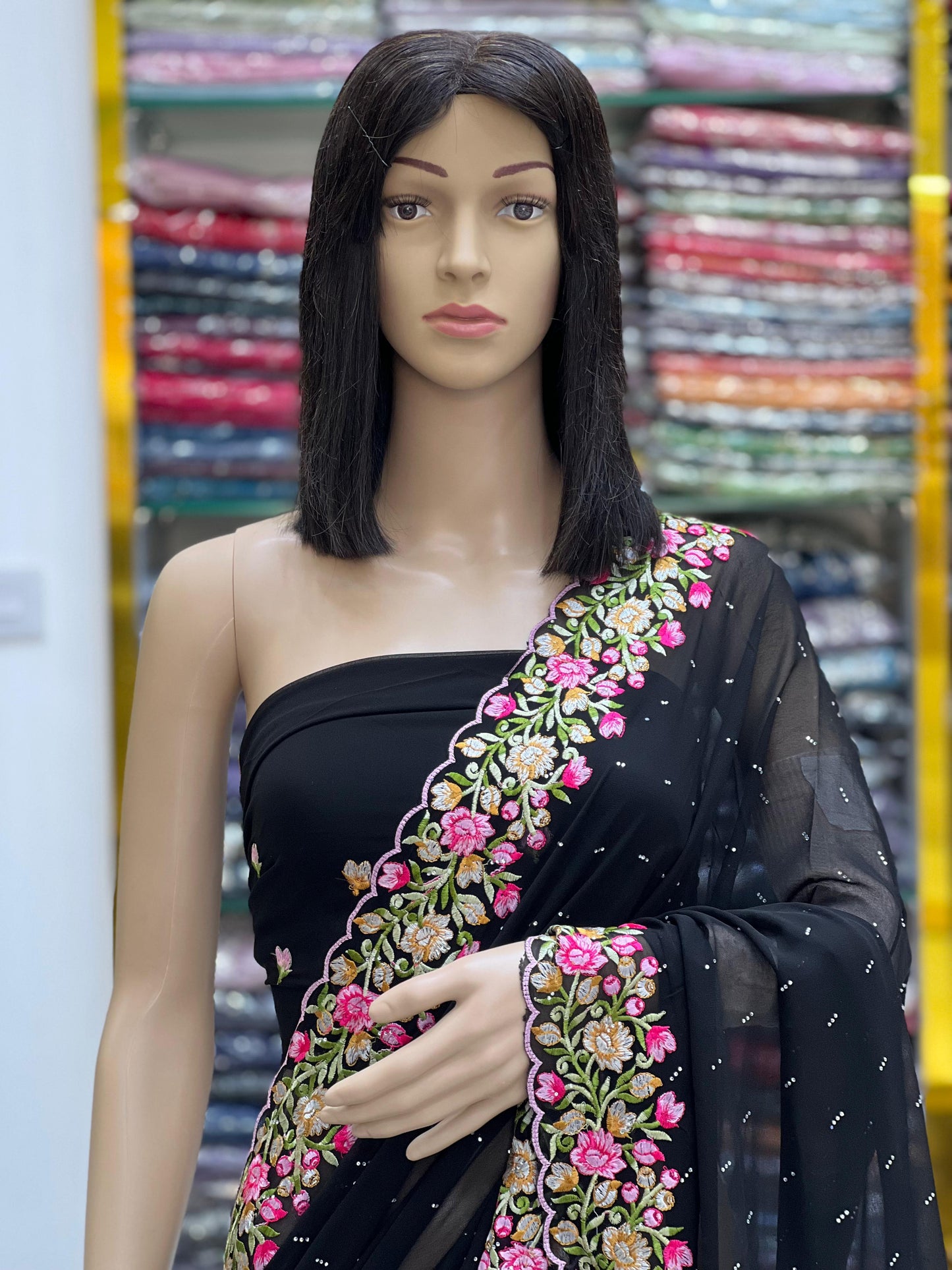 Elegant Black Georgette Saree with Multicolor Floral Embroidery Border