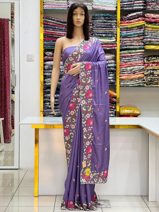 Enchanting Lavender Purple Soft Silk Saree with  Multi-Color Thread Embroidery Work