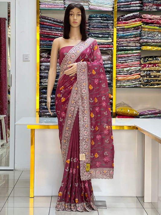 Lightweight  Cruncy Chiffon Elegant thread embroidery Embroidered Floral Saree Collection