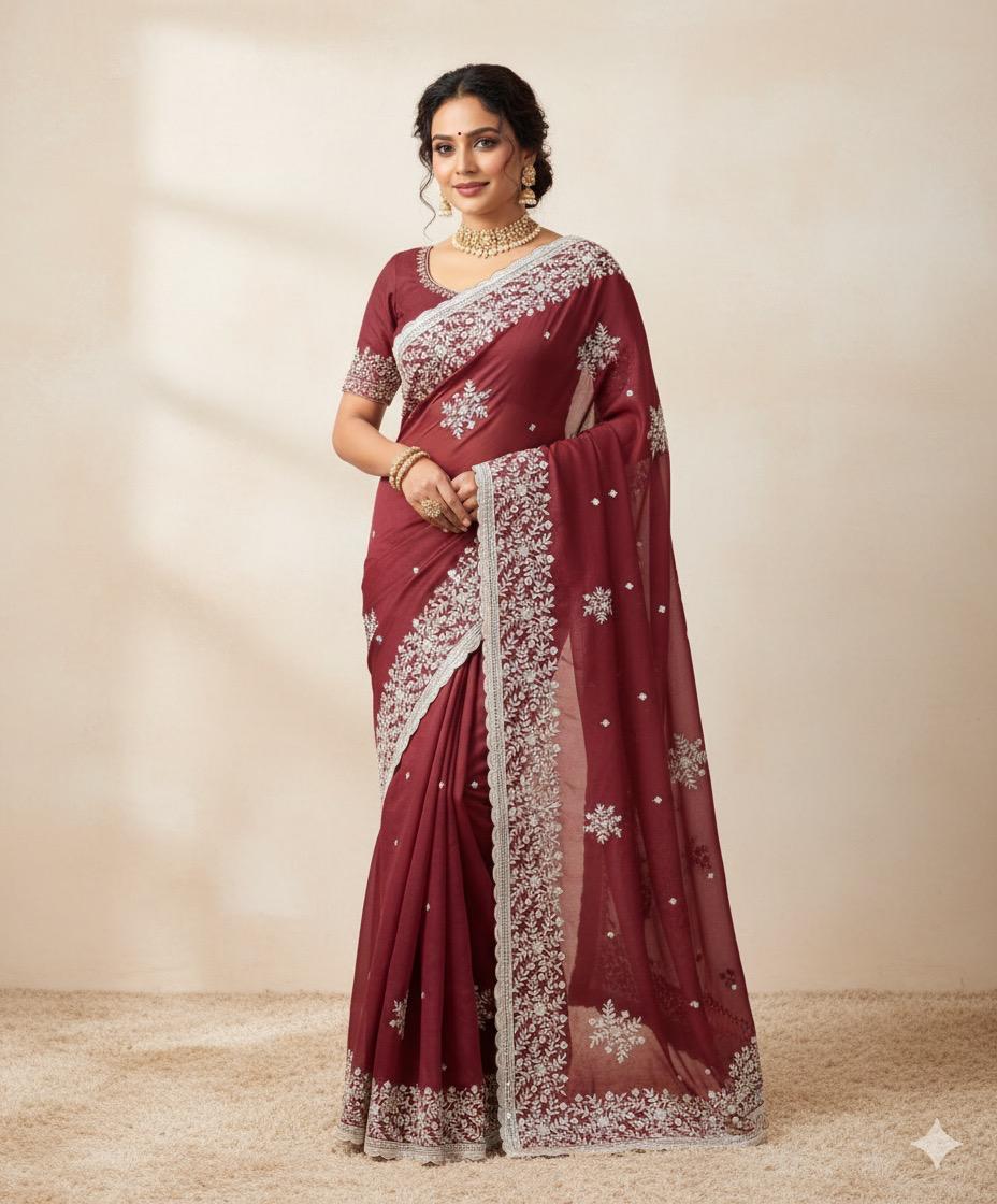 Designer Star Georgette Sarees with Exquisite White Embroidery
