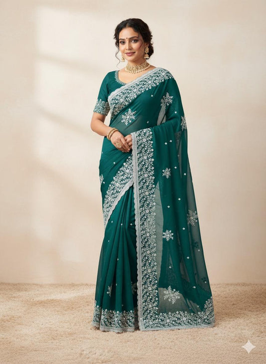Designer Star Georgette Sarees with Exquisite White Embroidery