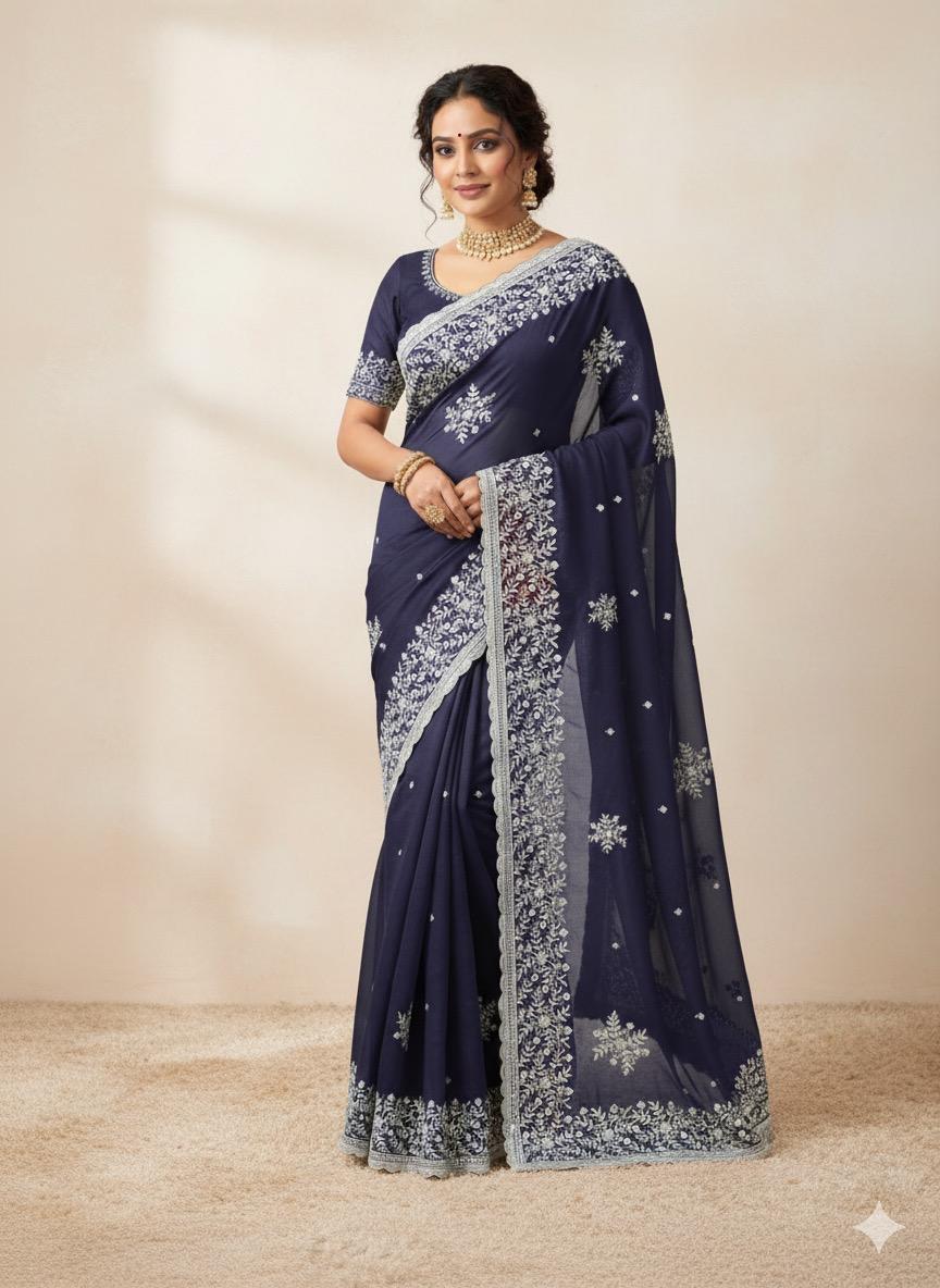 Designer Star Georgette Sarees with Exquisite White Embroidery