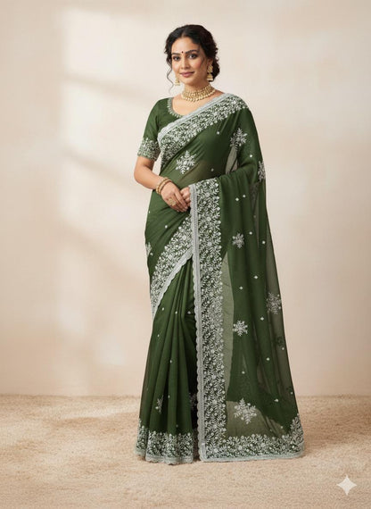 Designer Star Georgette Sarees with Exquisite White Embroidery