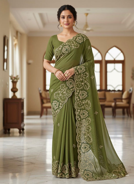 Olive Green NC Moss Fancy Fabrics Saree with Intricate Thread & Zari Embroidery