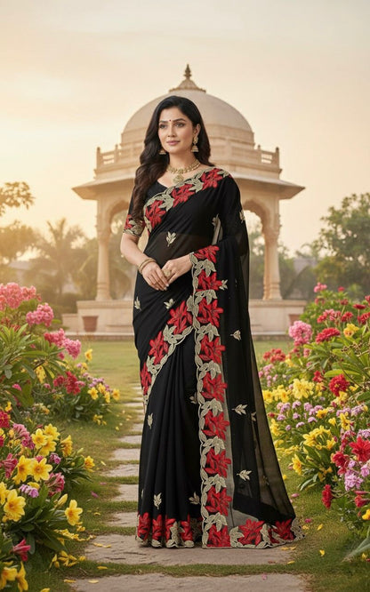 Black Georgette Saree with Red Floral Thead & Zari Embroidery Border