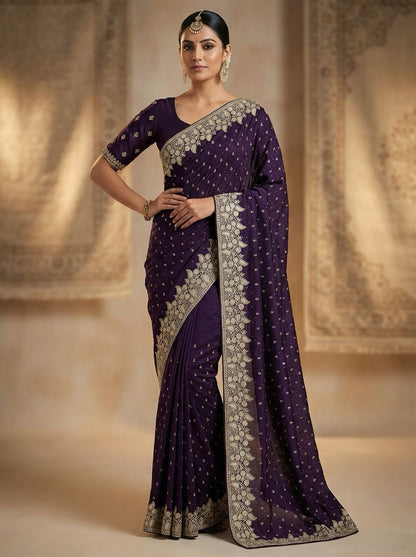 Beautifull Vichitra Silk Embroidered Wedding Saree Collection With Silver Stone Work