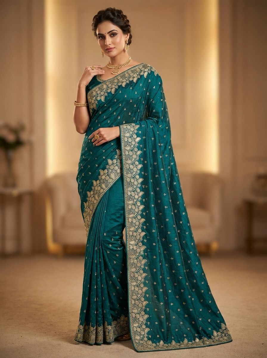 Beautifull Vichitra Silk Embroidered Wedding Saree Collection With Silver Stone Work