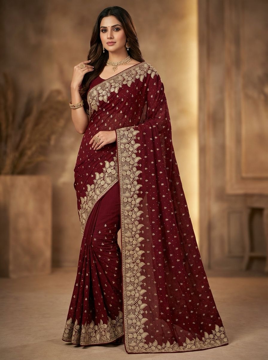 Beautifull Vichitra Silk Embroidered Wedding Saree Collection With Silver Stone Work