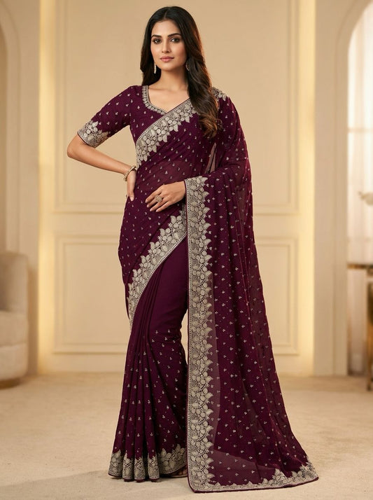 Beautifull Vichitra Silk Embroidered Wedding Saree Collection With Silver Stone Work