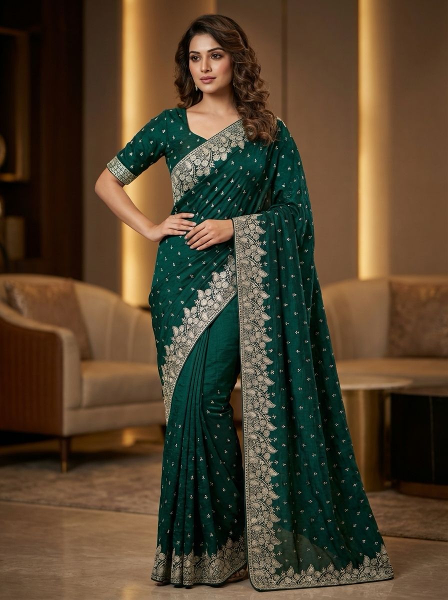 Beautifull Vichitra Silk Embroidered Wedding Saree Collection With Silver Stone Work