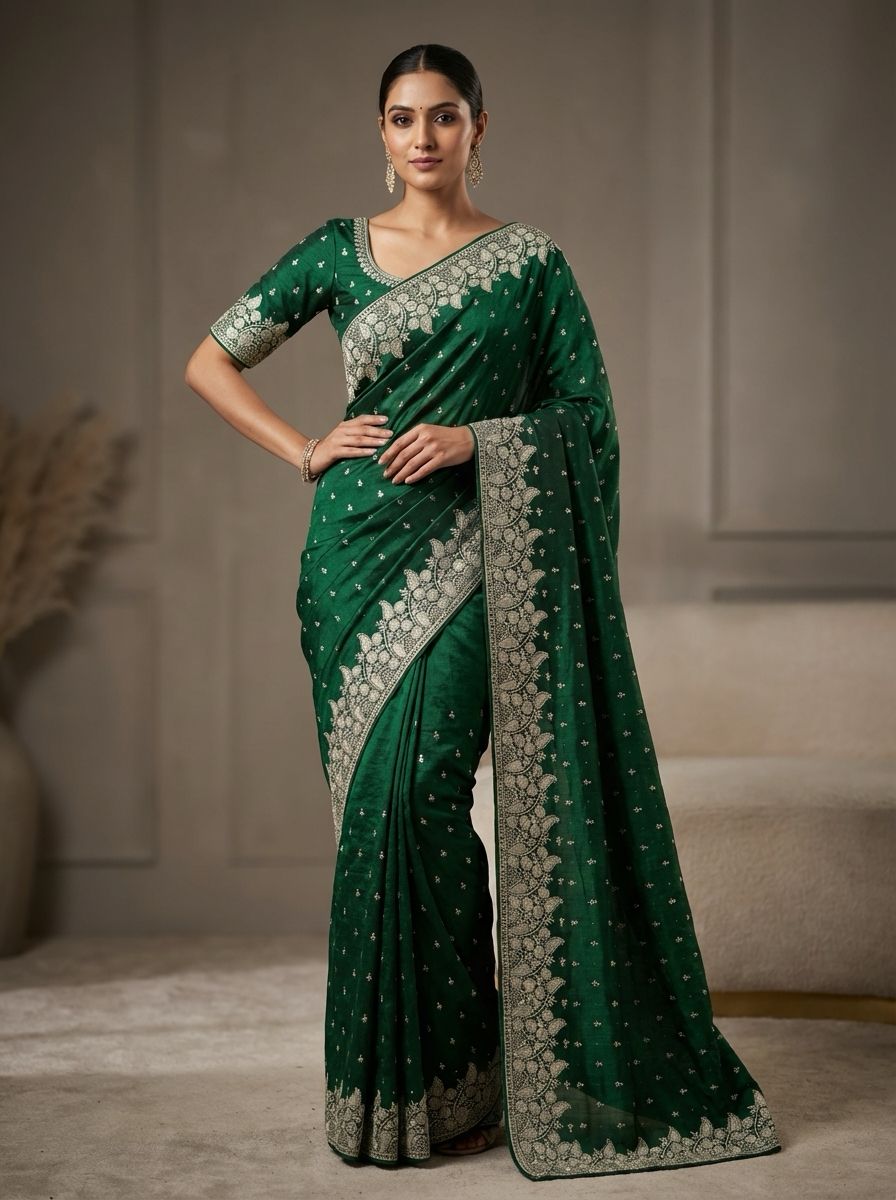 Beautifull Vichitra Silk Embroidered Wedding Saree Collection With Silver Stone Work