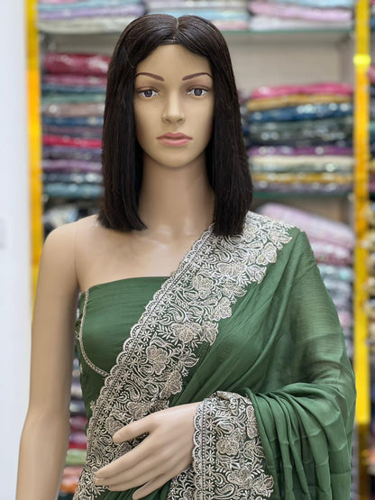 Premium Olive Green Silk Saree with Heavy Zari Embroidered Border