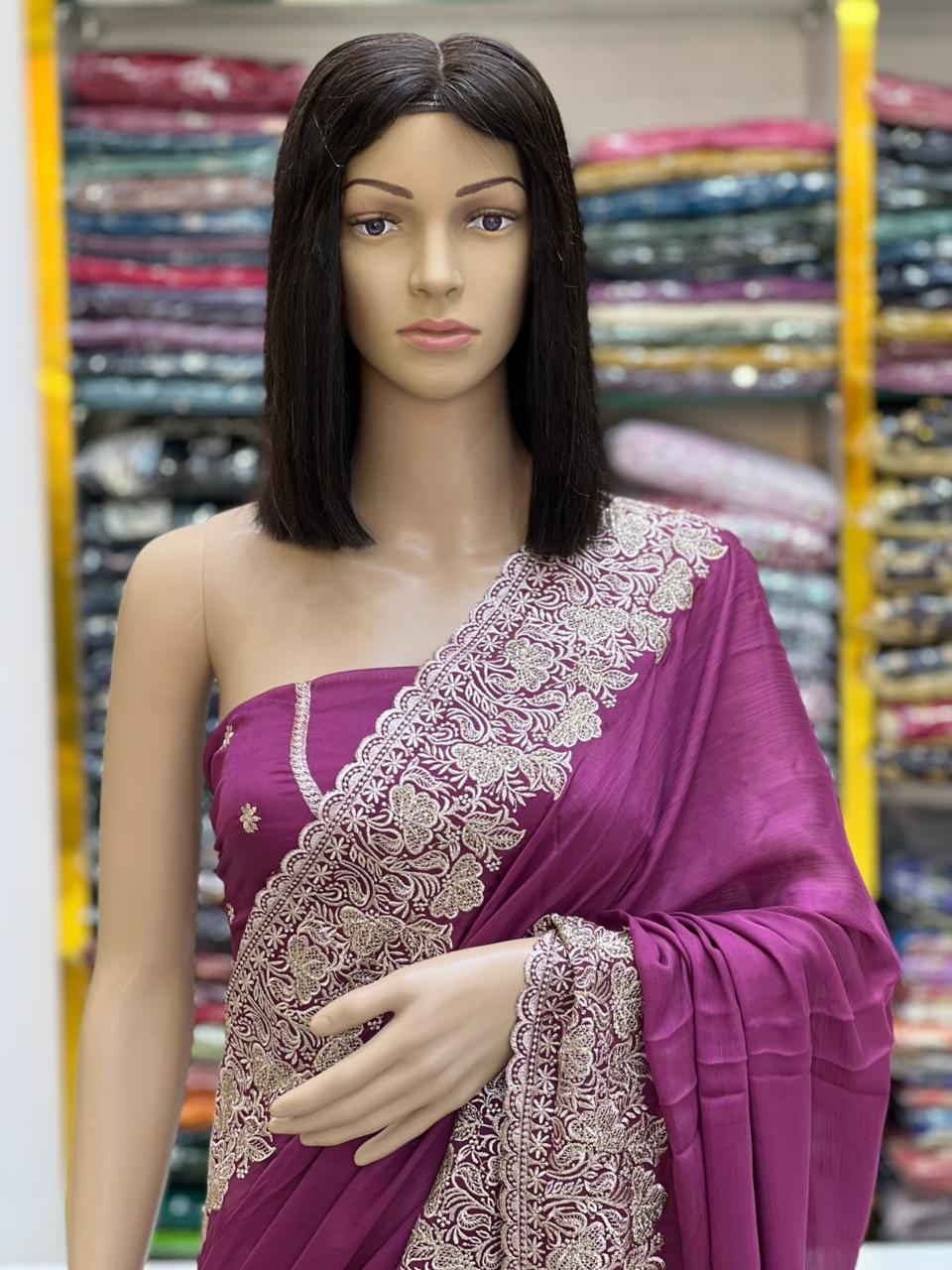 Premium Wine Purple Silk Saree with Heavy Zari Embroidery Border