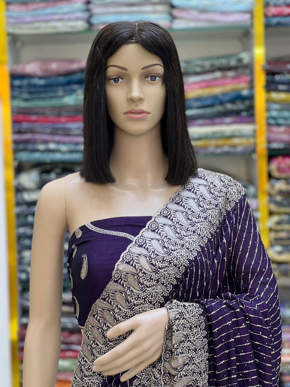 Royal Wine Vichitra Silk Saree with Zari Embroidery