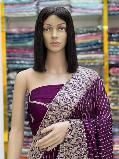 Royal Wine Vichitra Silk Saree with Rich Zari Embroidery