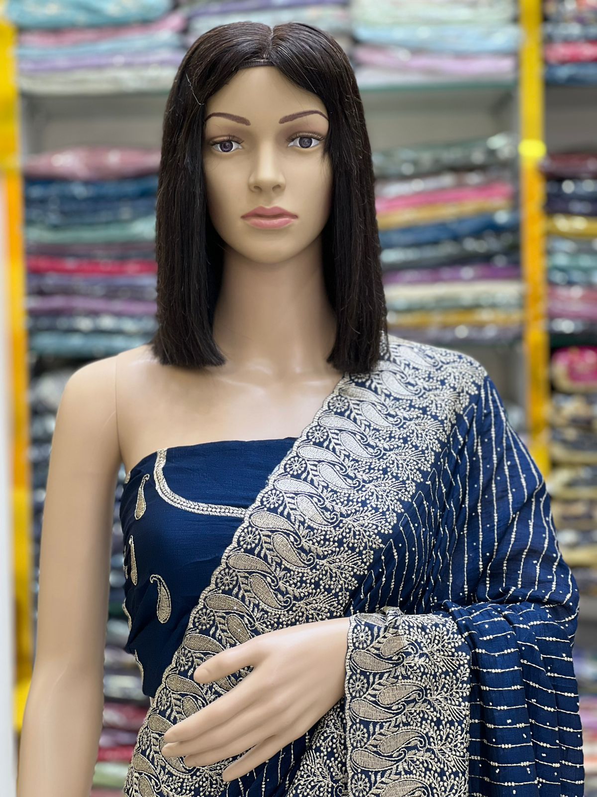Royal Navy Blue Vichitra Silk Saree with Rich Zari Embroidery