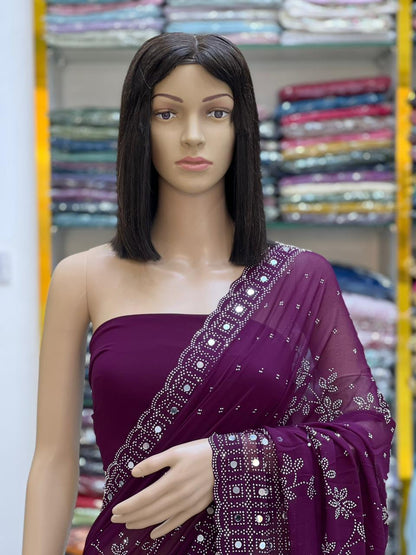 Premium Wine Georgette Saree with Heavy Mirror Work Border