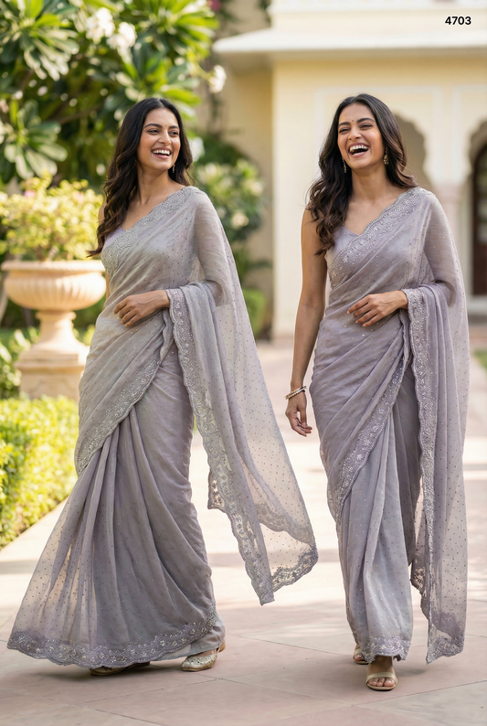 Lavender Lilac Silk Saree with Intricate Scalloped Stone Border