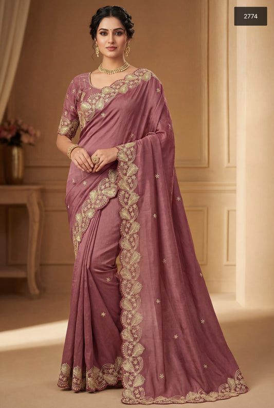 Elegant Mauve Designer Saree with Intricate Golden Embroidery | Premium Partywear Saree
