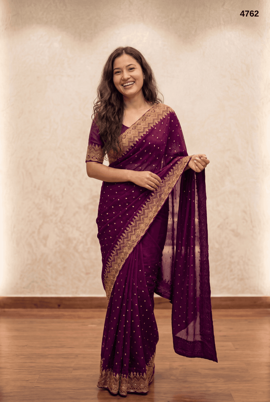 Wine Purple Party Wear Saree with Elegant Golden Border