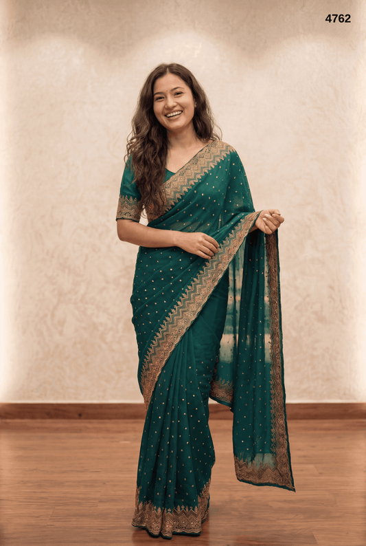 Bottle Green Soft Crunchy Saree with Elegant Golden Border
