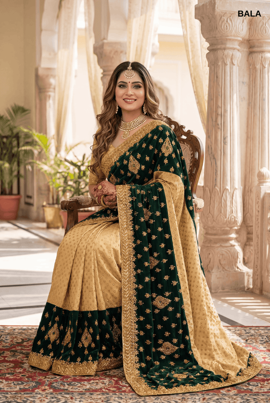 Emerald Green & Gold Velvet Half-and-Half  Embroidered Designer Saree
