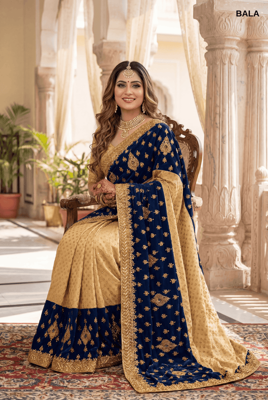 Royal Navy & Champagne Gold Velvet Heritage Bridal Saree