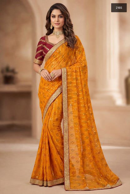Orange Georgette Bandhej Saree With Sequin & Coding Border