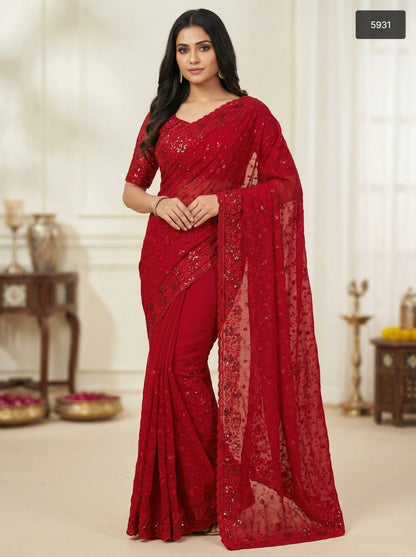 Premium & Stylish Red Sequin Embroidered Saree