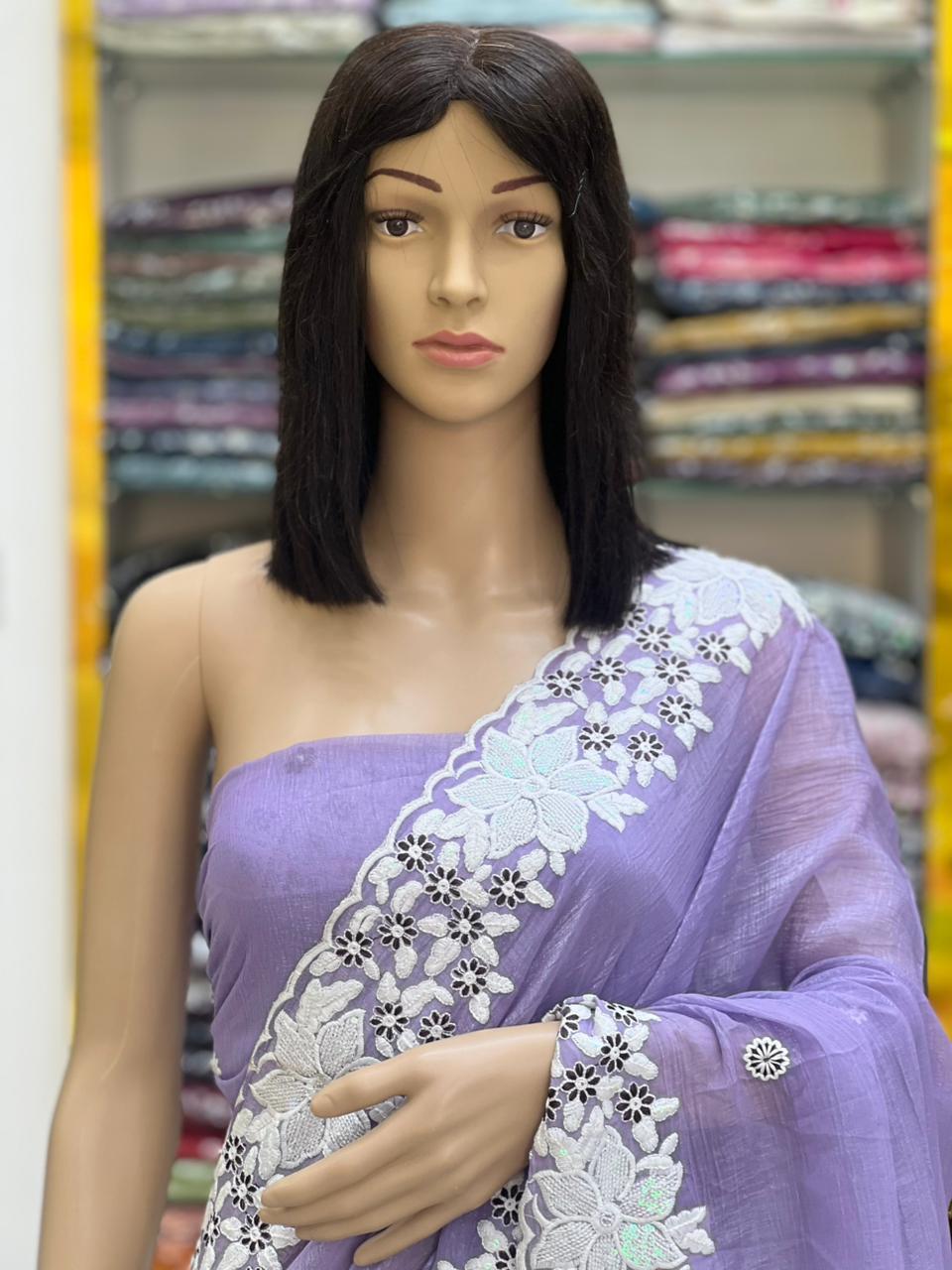 Lavender Crunchy Chiffon Saree with Elegant Floral Embroidery Border