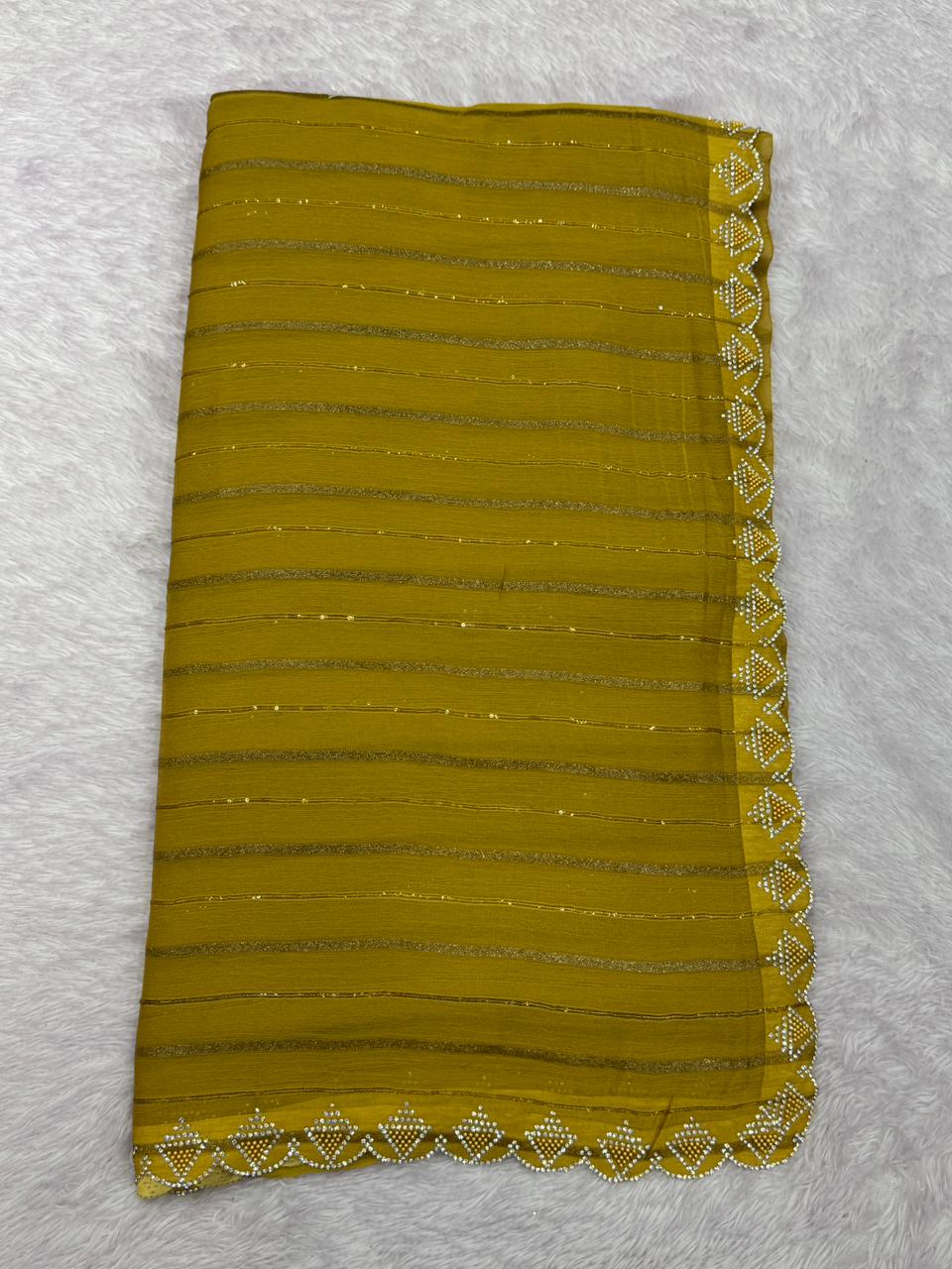 Elegant Olive Moss Saree with Zarkan Stone & Moti Work – Premium Party & Festive Wear