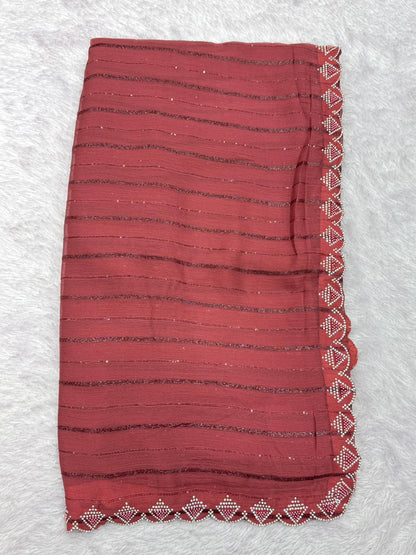 Premium Maroon Moss Saree with Zarkan Stone & Moti Work – Elegant Party & Festive Wear