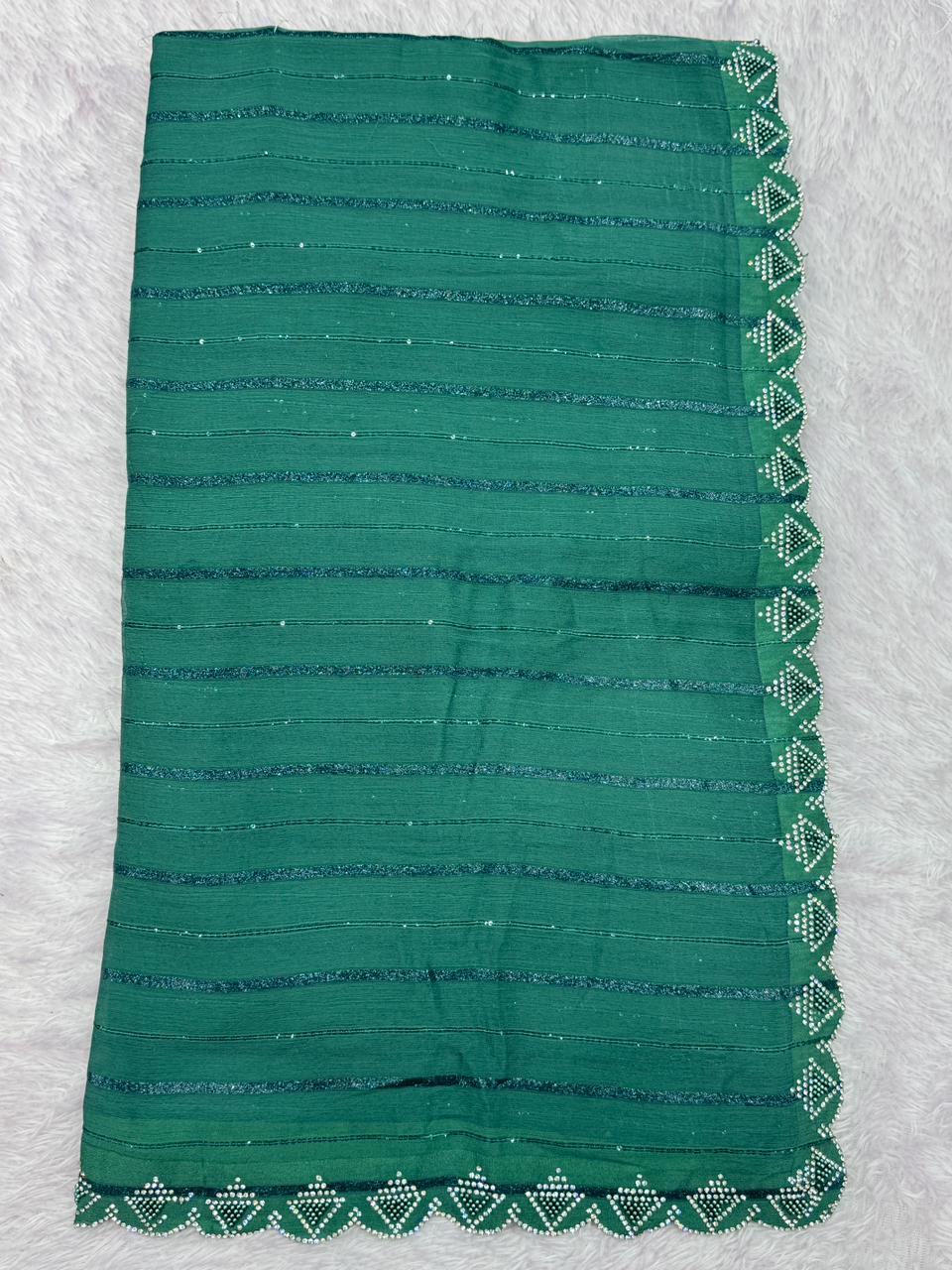 Premium Emerald Green Moss Saree with Zarkan Stone & Moti Work