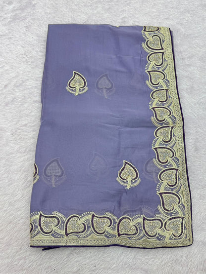 Elegant Lavender Grey Rangoli Silk Saree with Golden Heart Motif Border