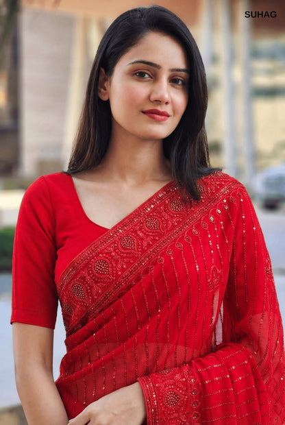 Elegant Red Georgette Saree with Sequin & Stone Work