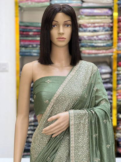 Elegant Vichitra Silk Saree with Silver Zari & Stone Work