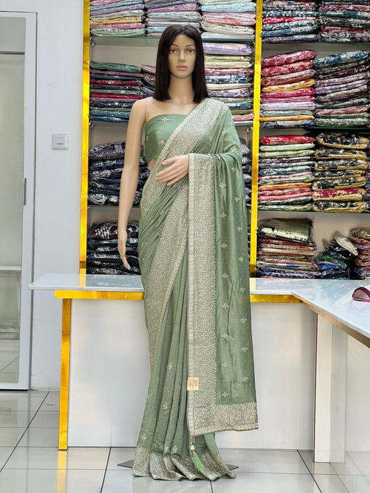 Elegant Vichitra Silk Saree with Silver Zari & Stone Work