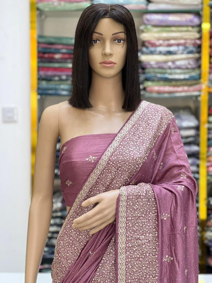 Elegant Mauve Vichitra Silk Saree with Silver Zari & Stone Work