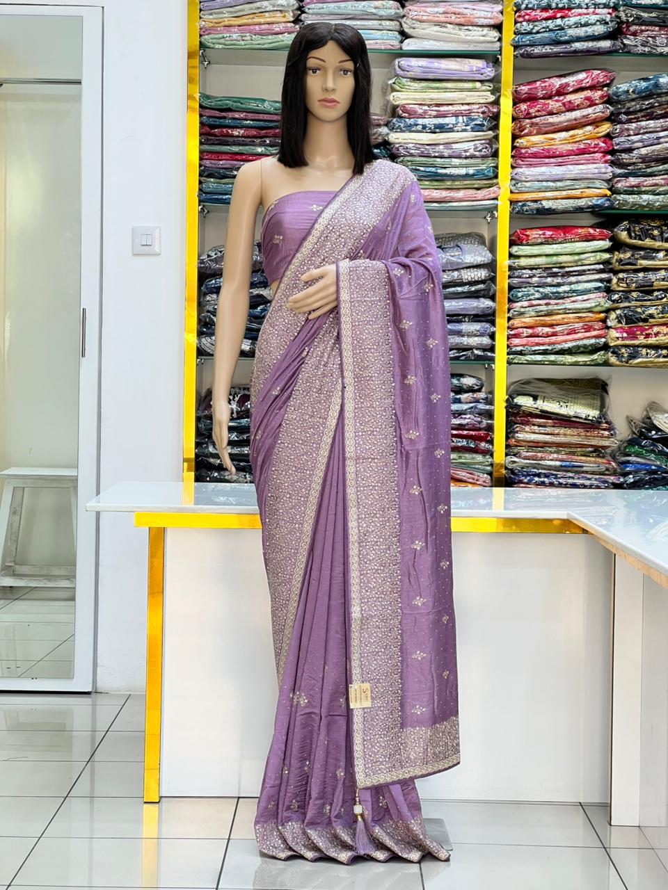 Elegant Purple Vichitra Silk Saree with Silver Zari Embroidery & Stone Work
