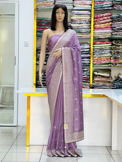 Elegant Purple Vichitra Silk Saree with Silver Zari Embroidery & Stone Work
