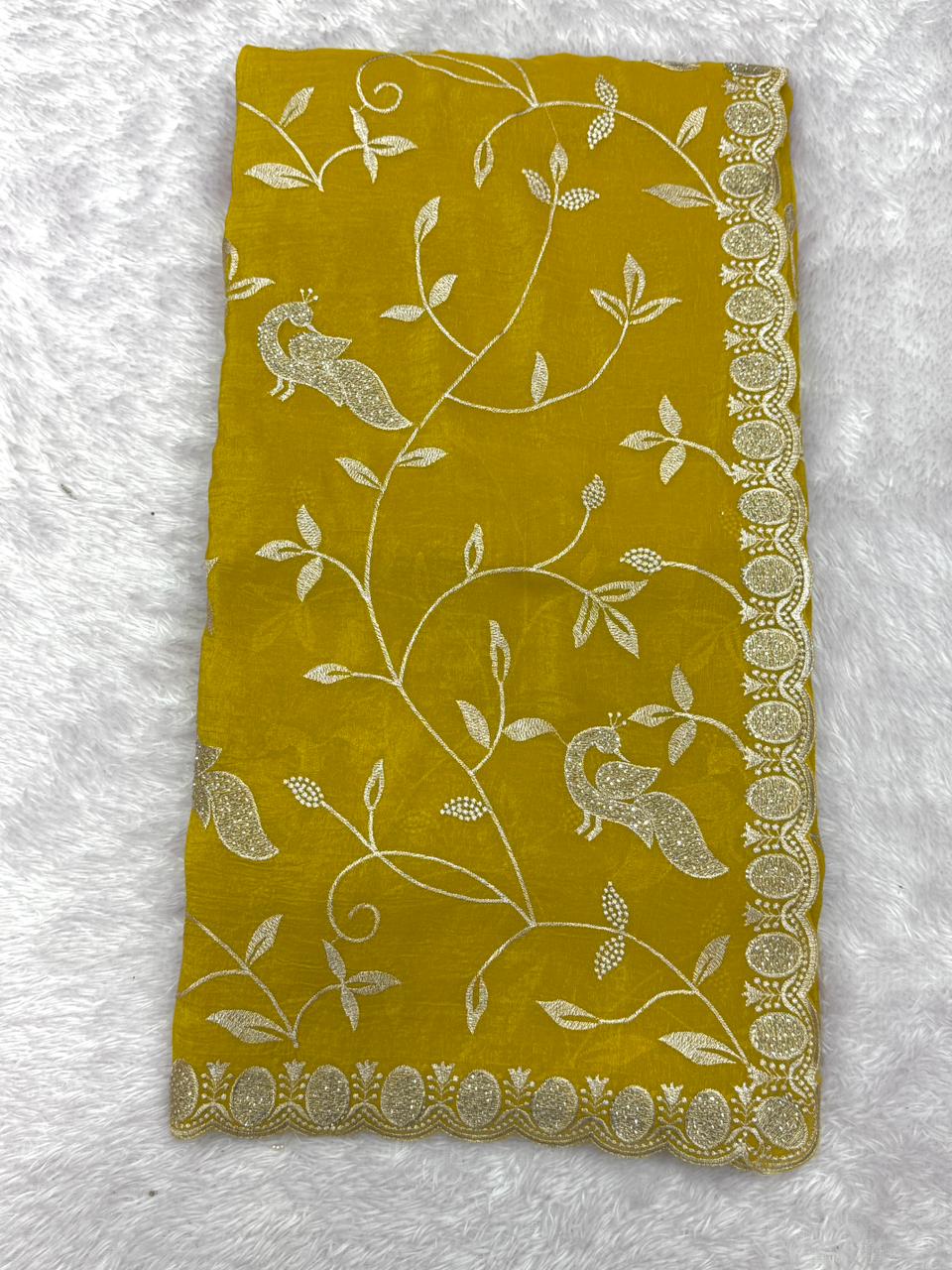 Premium Mustard Yellow Embroidered Designer Saree